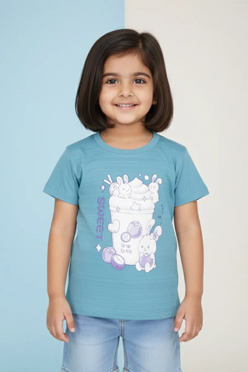 Cotton Lycra Printed T-Shirt for Girls - Blue CLGT0096BLU78YRS