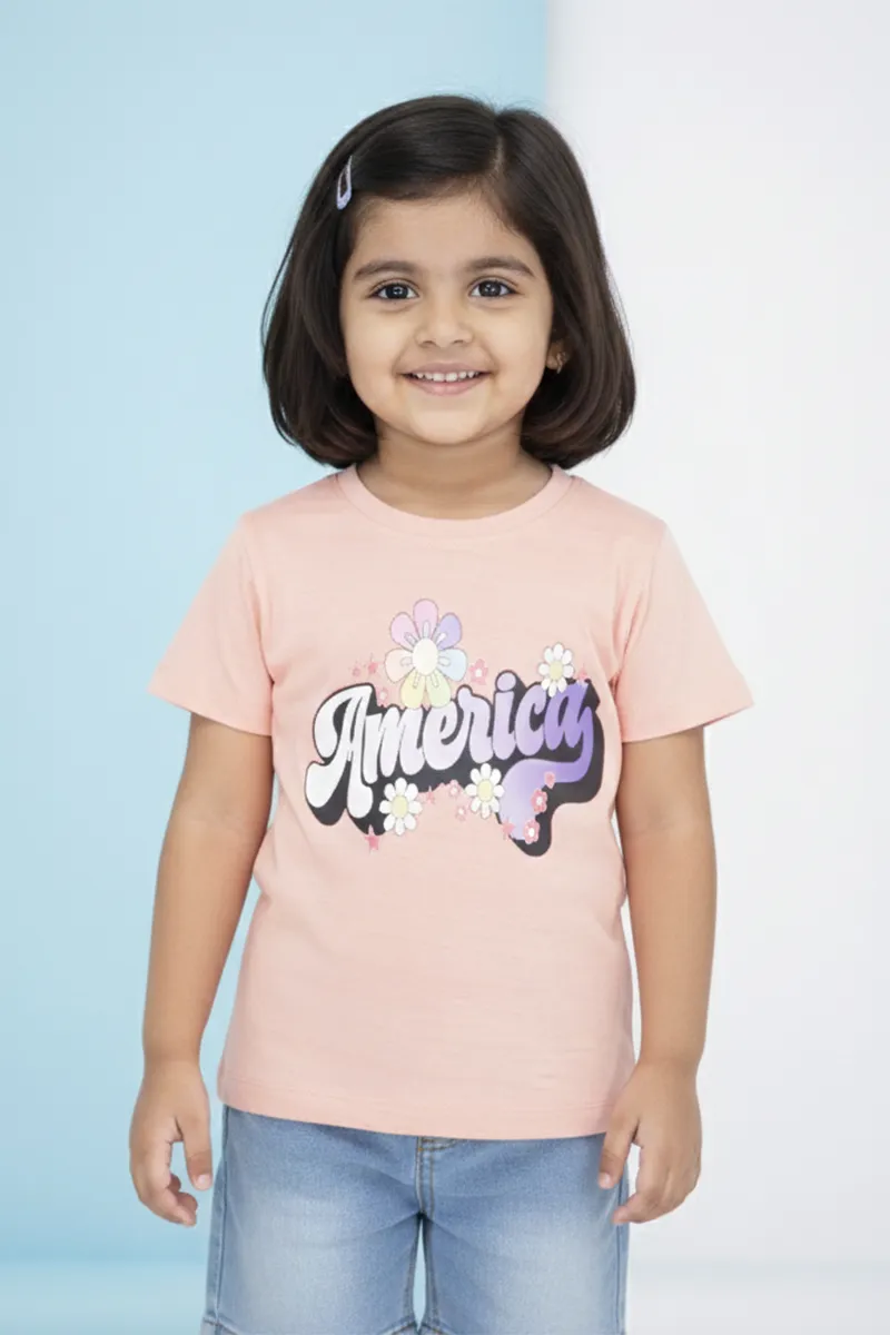 Cotton Lycra Printed T-Shirt for Girls - Peach