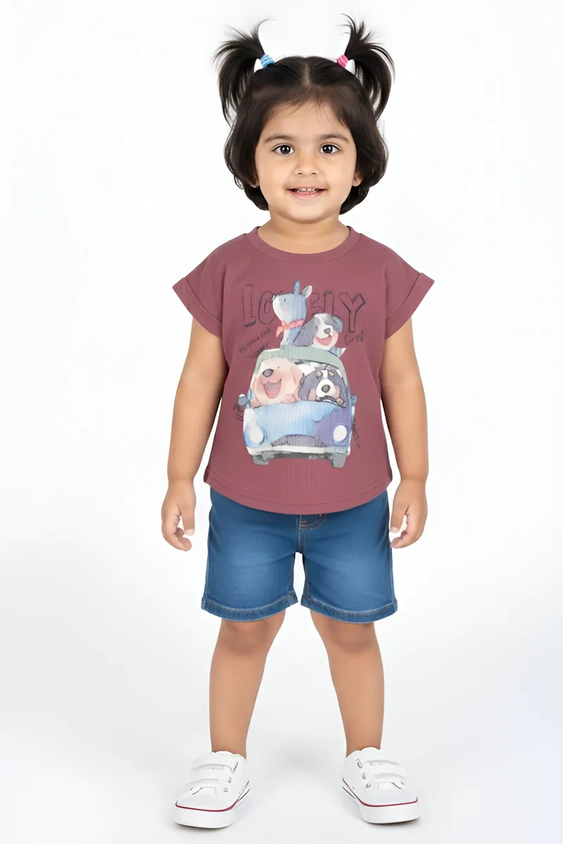 Girl's Cotton Graphic Printed Top - Mauve CLGT009MAU89YR