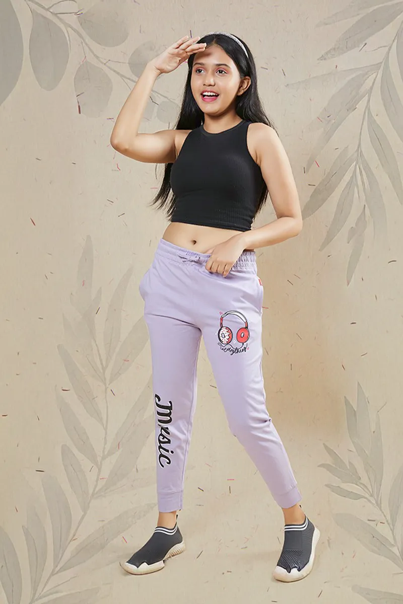 Cotton Printed Track Pant for Girls - Lavender