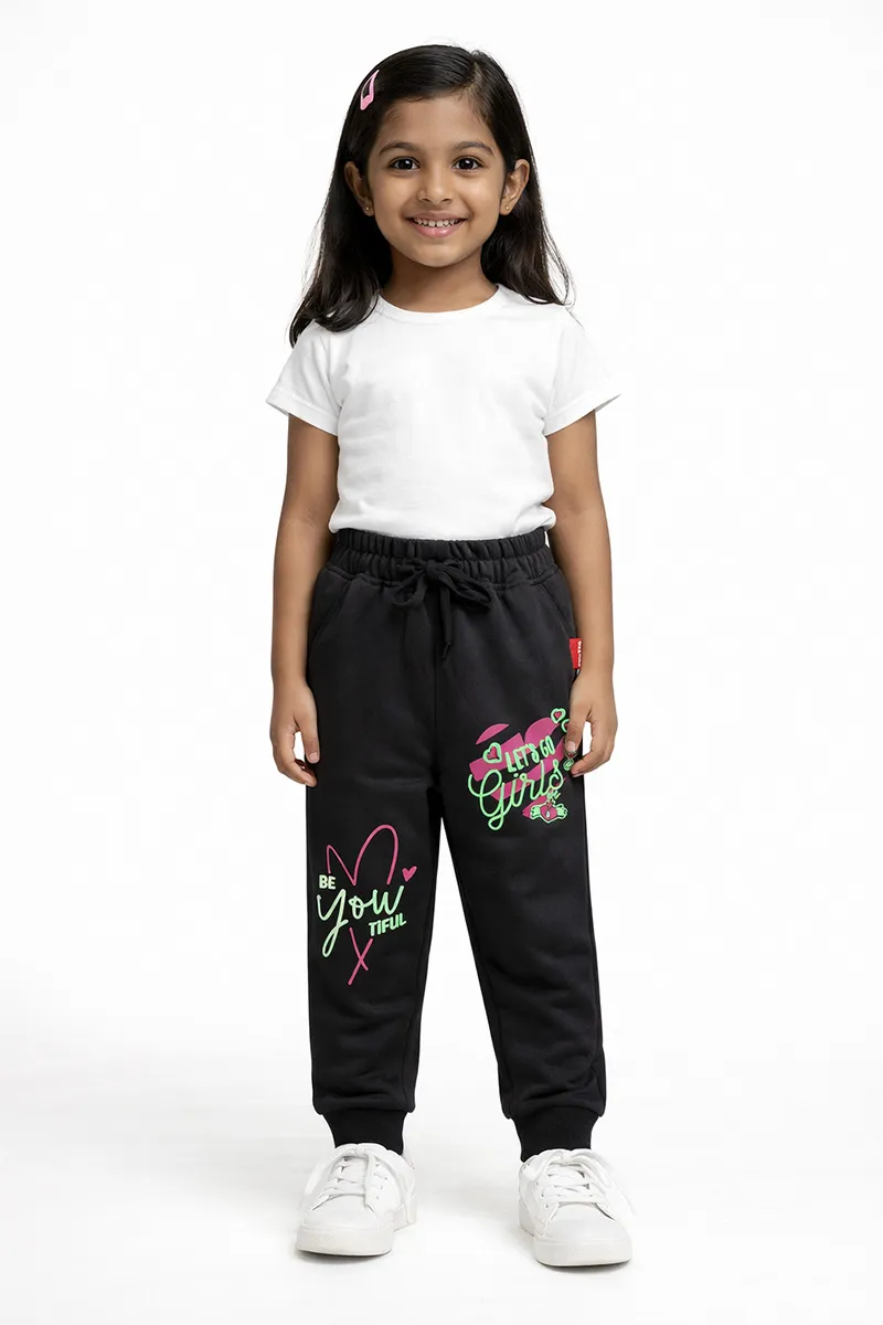 Cotton Printed Track Pant for Girls - Black