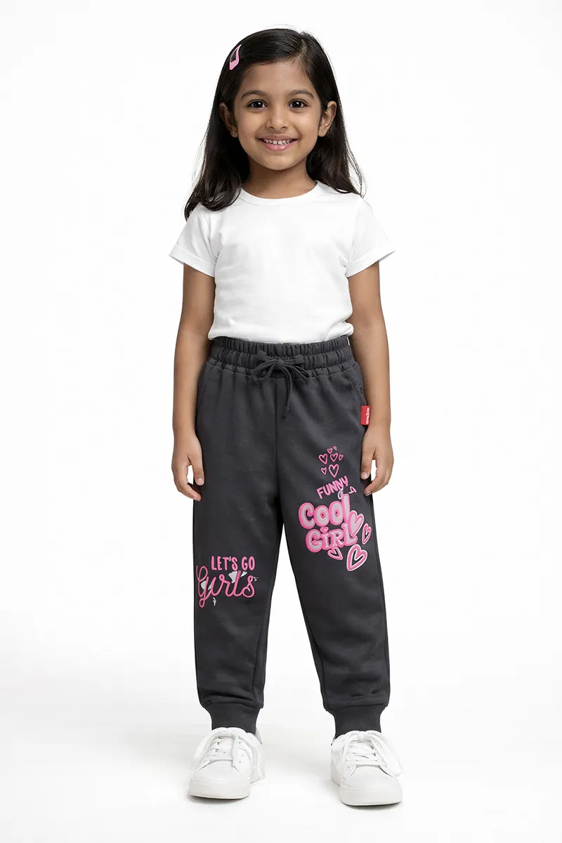 Cotton Printed Track Pant for Girls - Grey