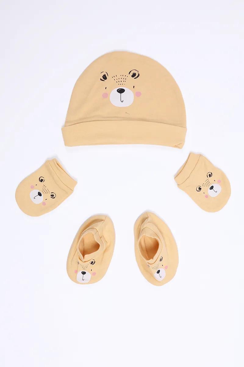 Cotton Printed Cap Mitten Booty Set for Babies - Yellow