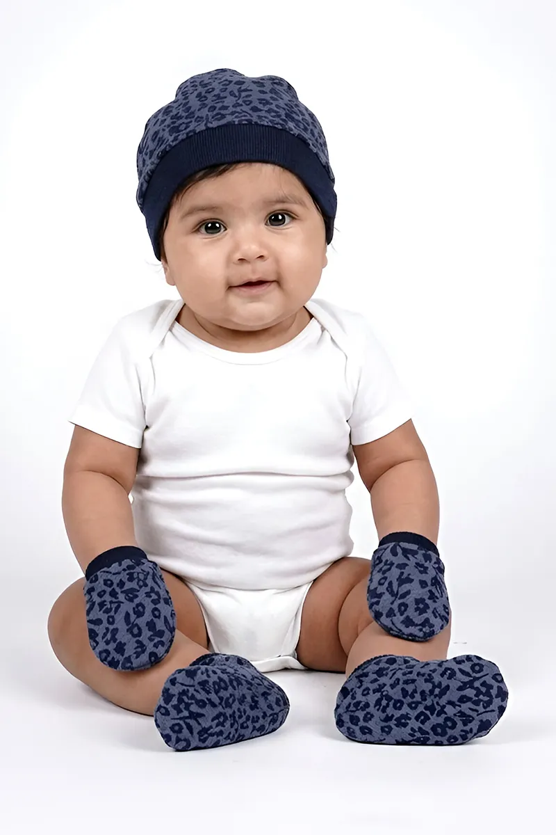 Cotton Printed Cap Mitten Booty Set for Babies - Navy Blue