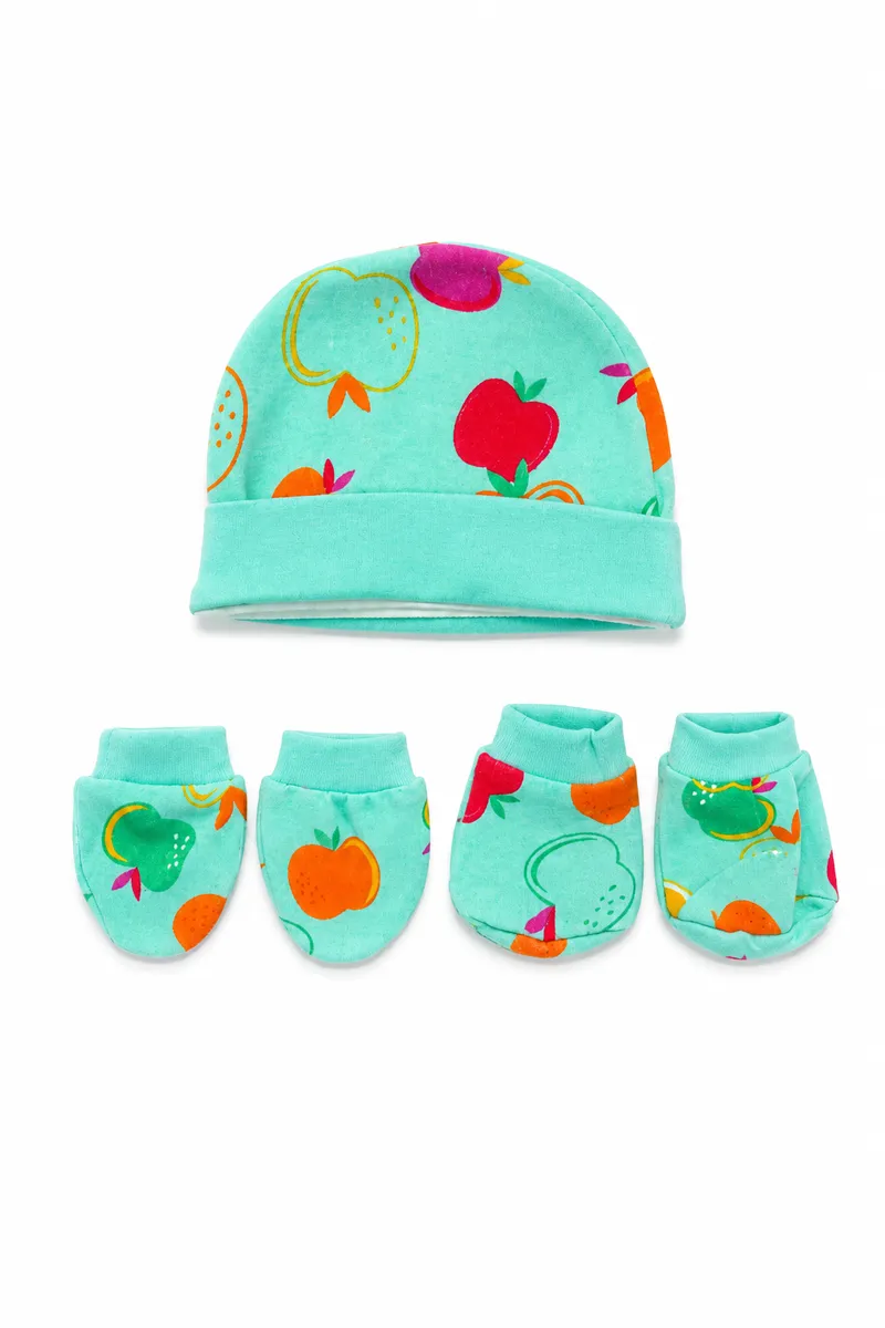 Cotton Printed Cap Mitten Booty Set for Babies - Aqua CLJB00120AQU06M
