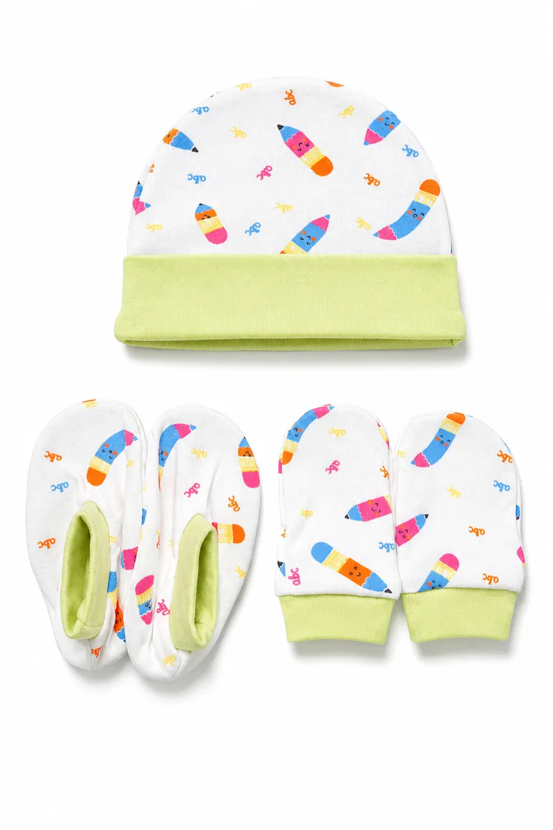 Cotton Printed Cap Mitten Booty Set for Babies - Green