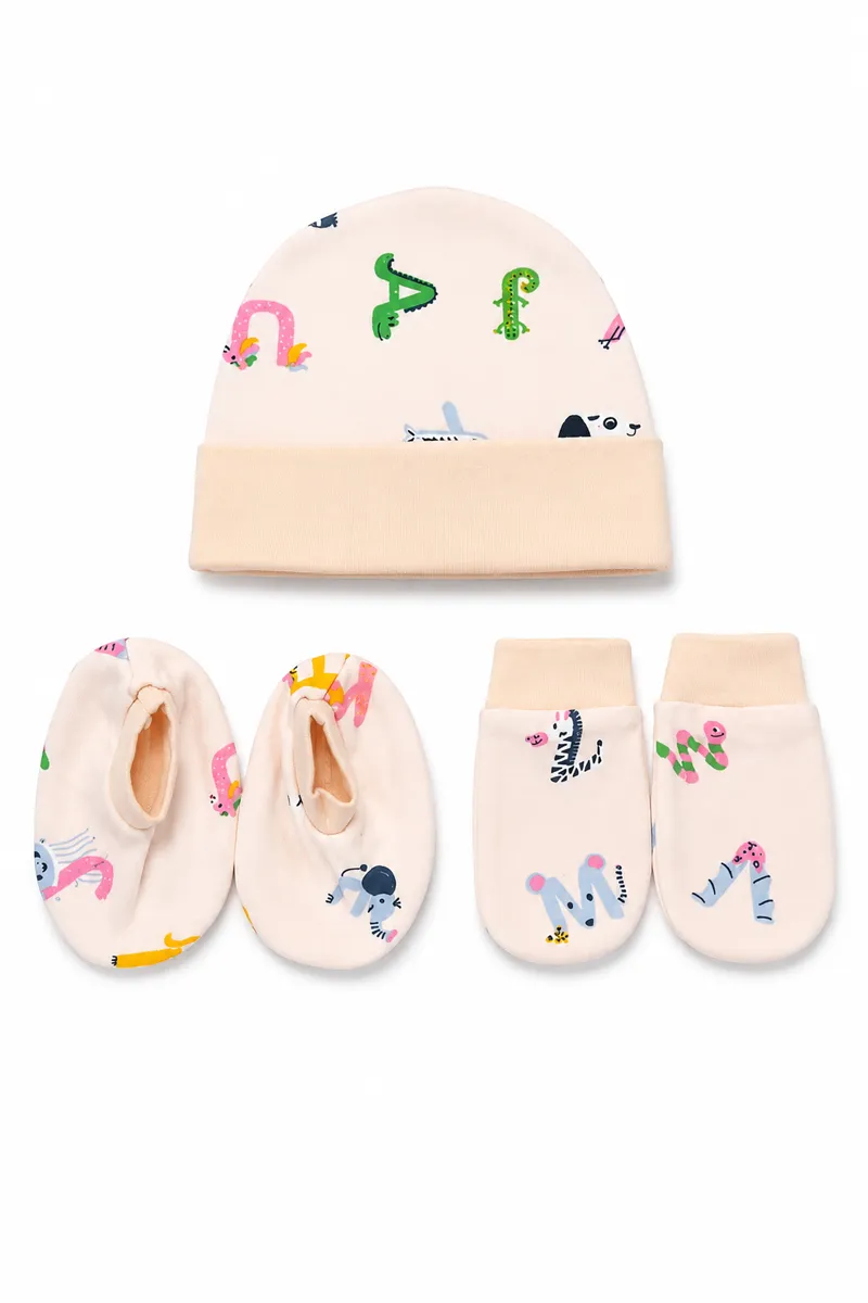 Cotton Printed Cap Mitten Booty Set for Babies - Sandal