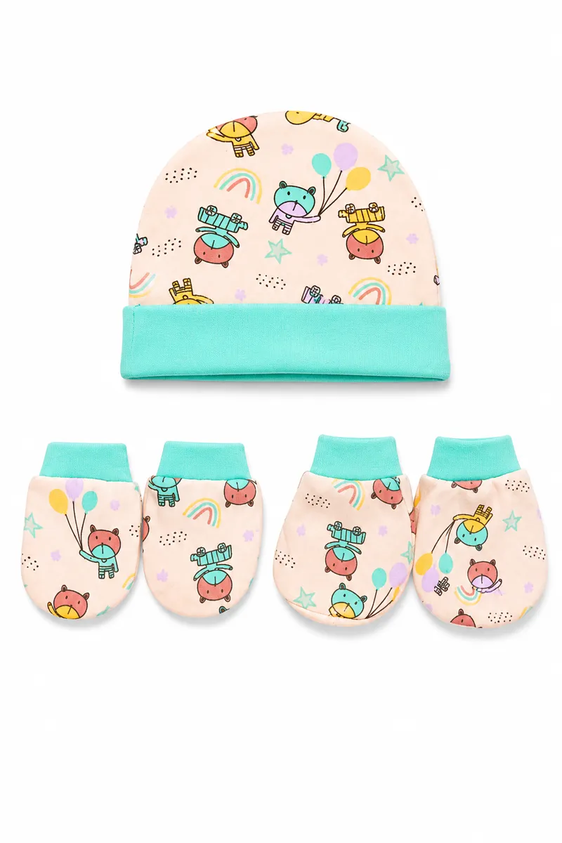 Cotton Printed Cap Mitten Booty Set for Babies - Aqua