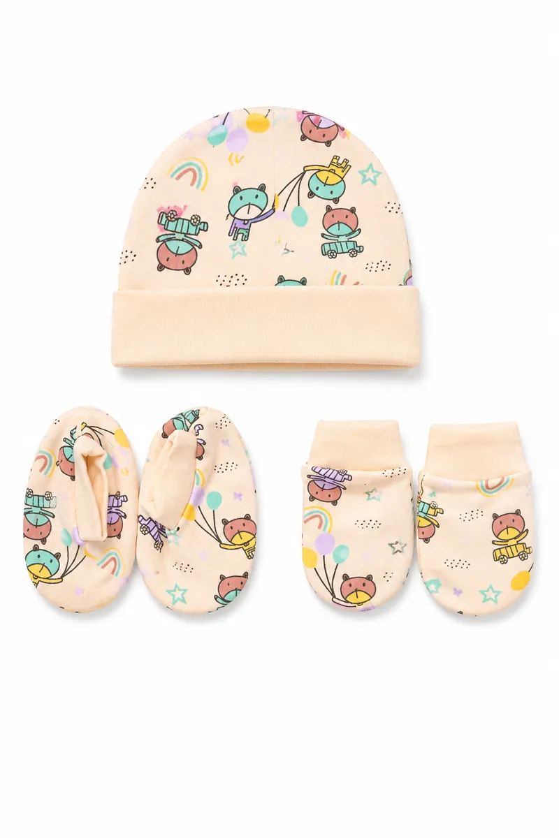 Cotton Printed Cap Mitten Booty Set for Babies - Sandal