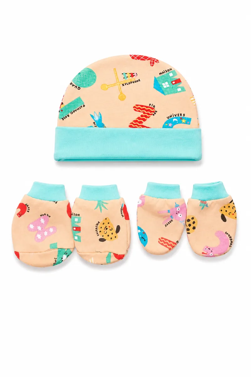 Cotton Printed Cap Mitten Booty Set for Babies - Aqua