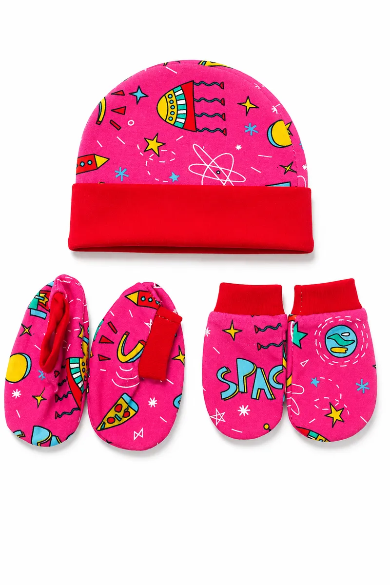 Cotton Printed Cap Mitten Booty Set for Babies - Red