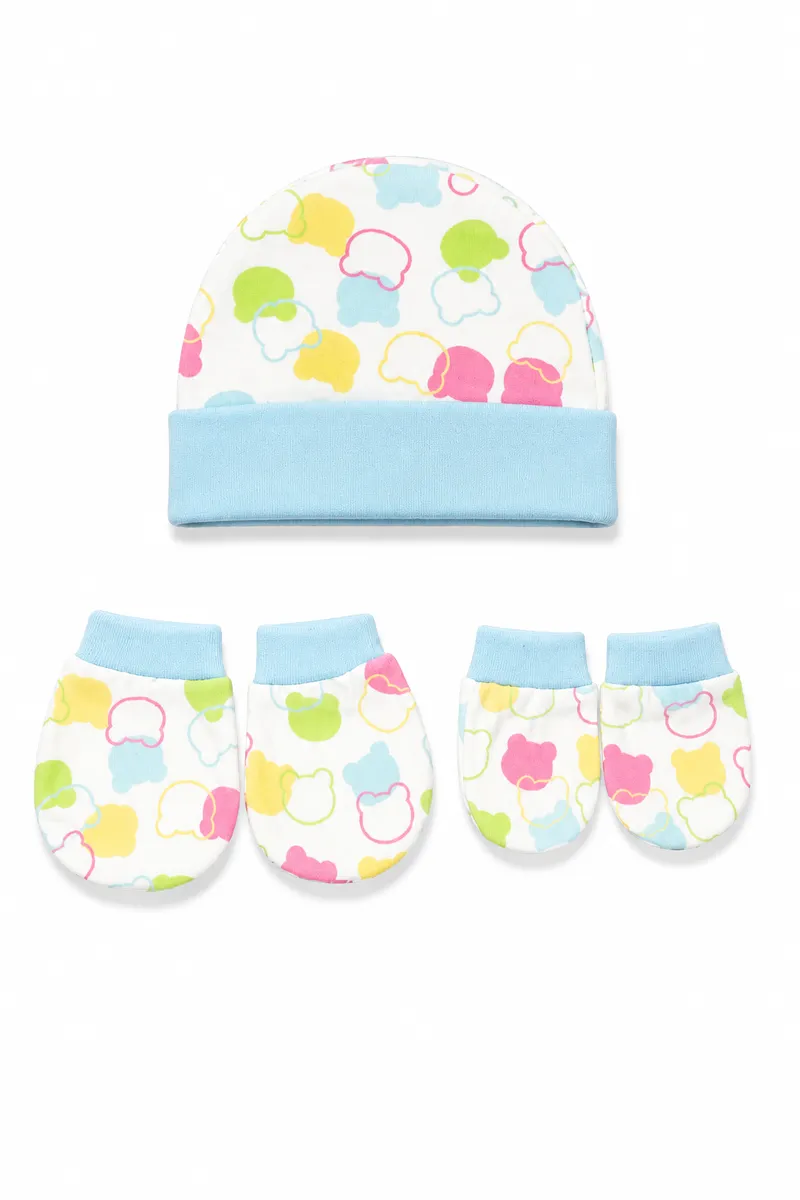 Cotton Printed Cap Mitten Booty Set for Babies - Blue CLJB00128BLU03M