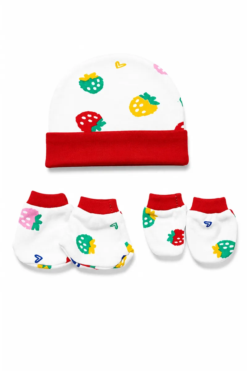 Cotton Printed Cap Mitten Booty Set for Babies - Red
