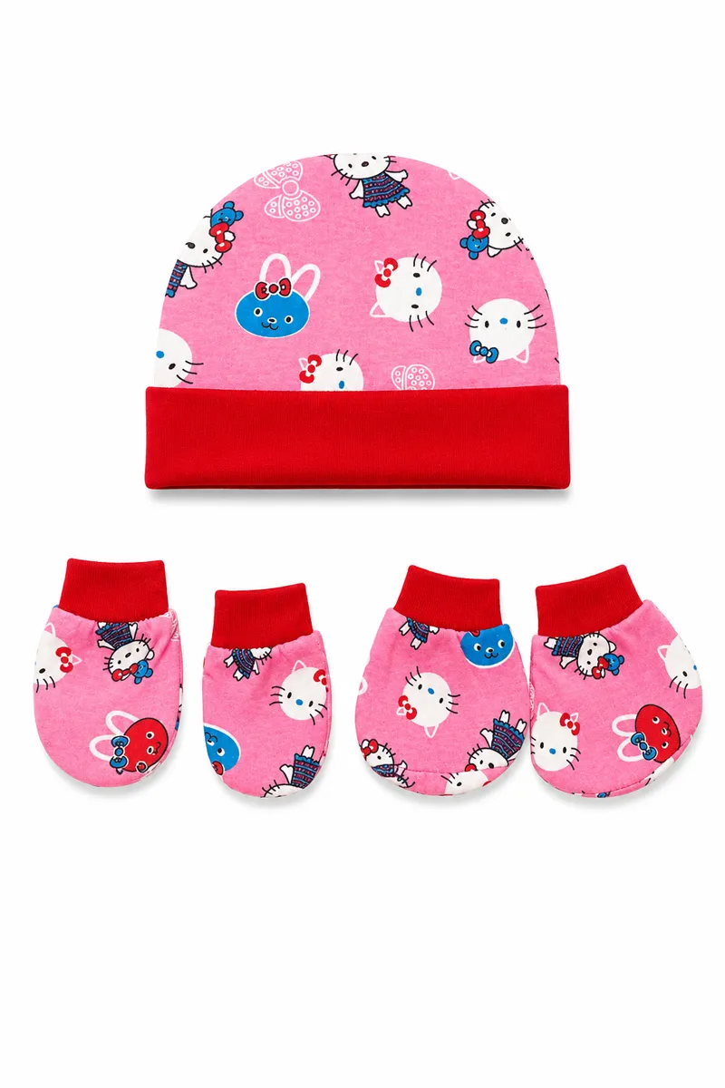 Cotton Printed Cap Mitten Booty Set for Babies - Pink