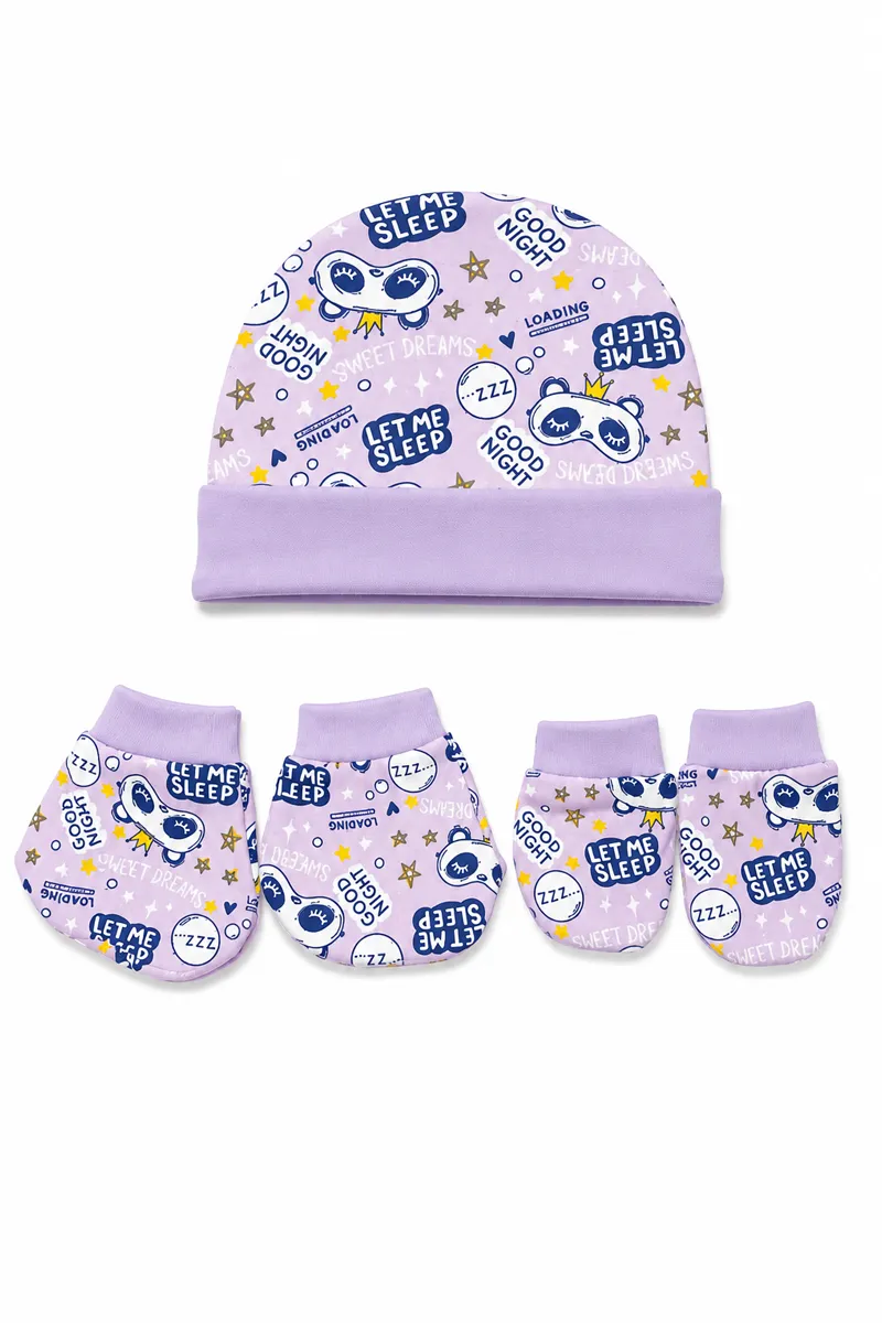 Cotton Printed Cap Mitten Booty Set for Babies - Lavender