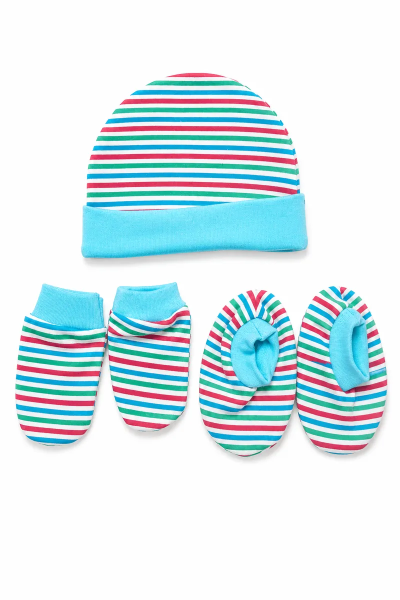 Cotton Striped Cap Mitten Booty Set for Babies - Multicolour