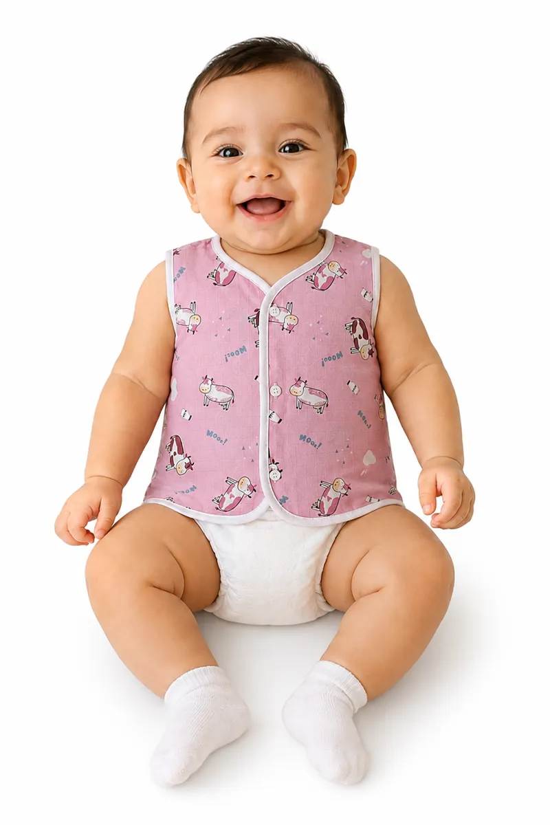 Cotton Printed Button Jhabla for Babies - Dusty Pink