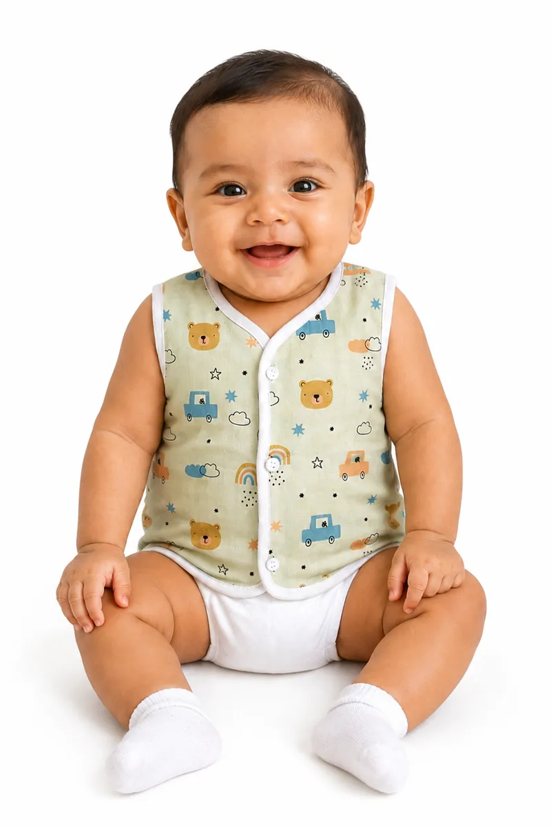 Cotton Printed Button Jhabla for Babies - Sage