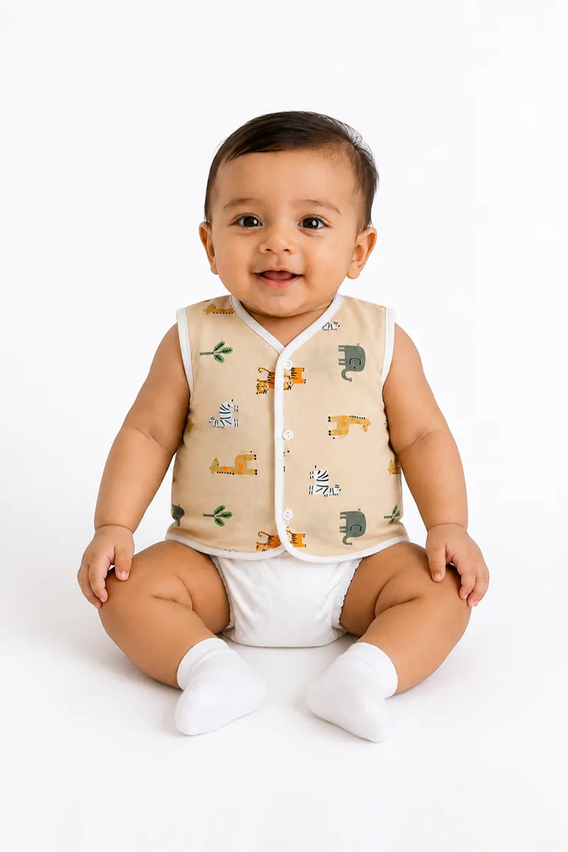 Cotton Printed Button Jhabla for Babies - Beige