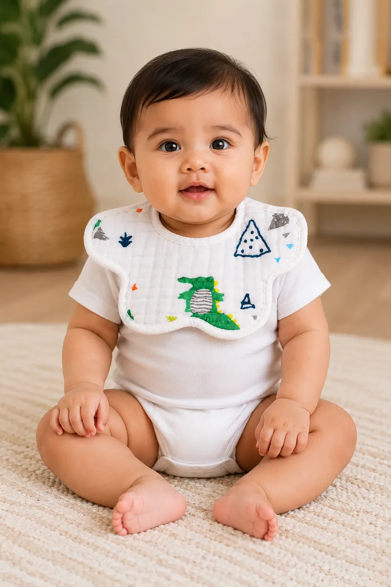 Assorted Muslin Cotton Printed Bibs for Babies - White