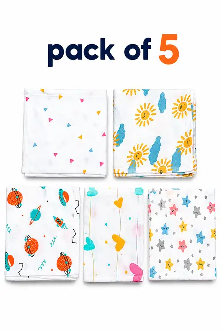 Pack of 5 Assorted Muslin Hankies for Babies - Multicolor
