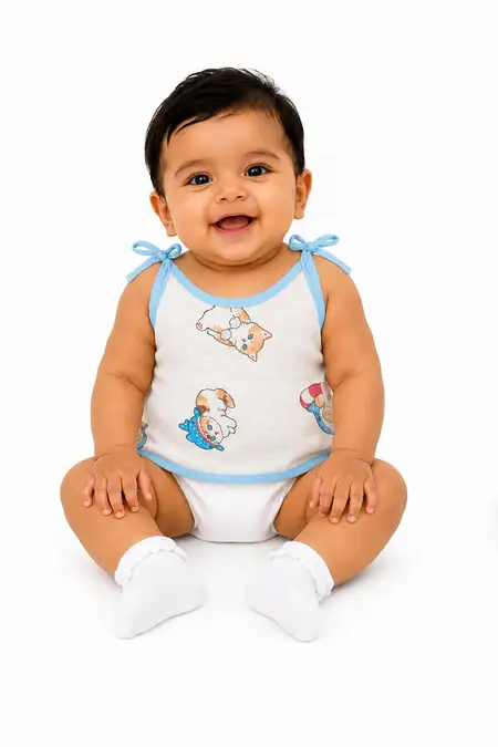 Muslin Printed Knot Jhabla for Babies - White