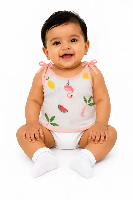 Muslin Printed Knot Jhabla for Babies - White