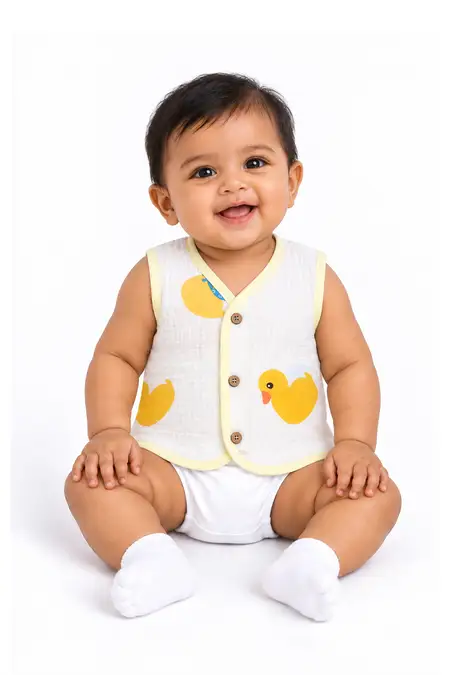Muslin Printed Button Jhabla for Babies - White