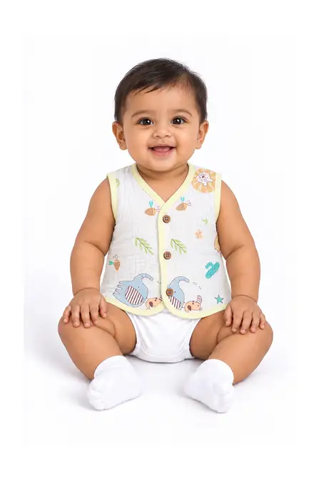 Muslin Printed Button Jhabla for Babies - White