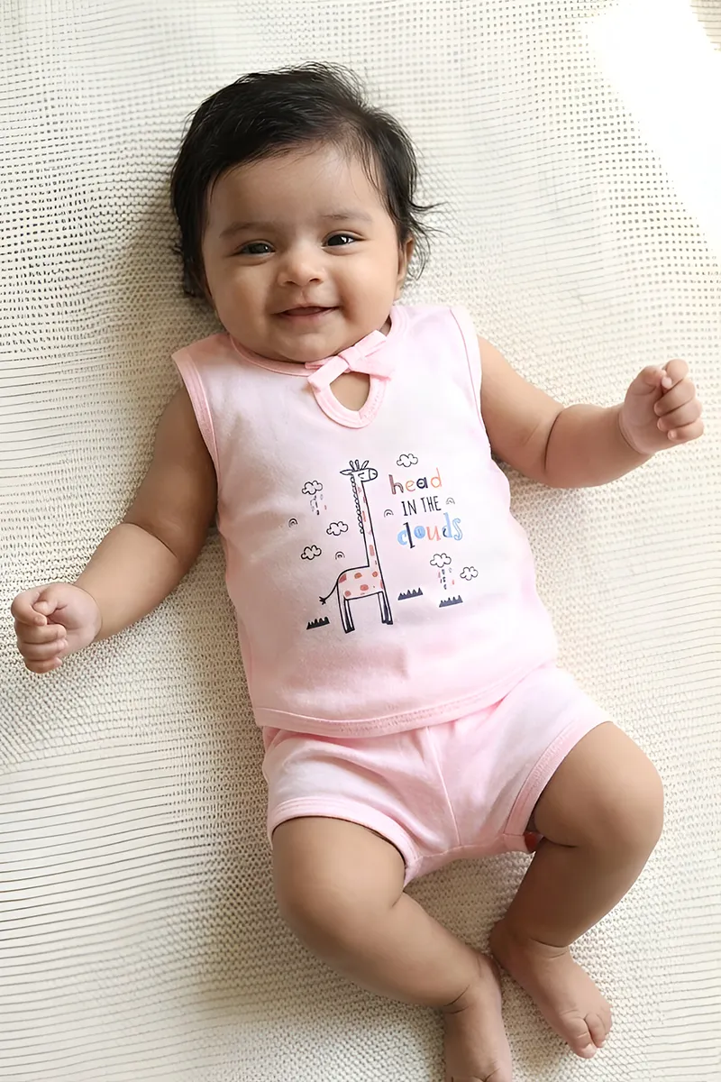 Cotton Printed Top and Panty Set for Babies - Light Pink