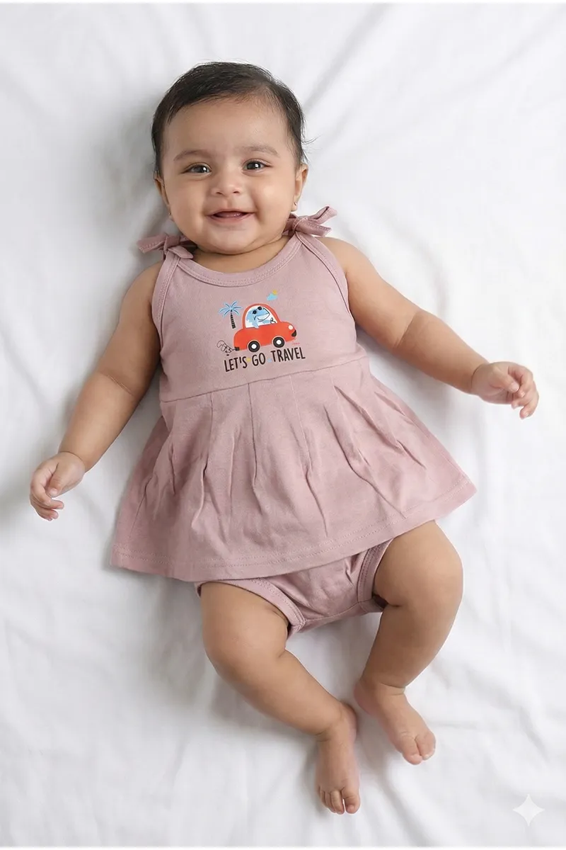 Cotton Solid Frock and Panty Set for Baby Girl - Brown