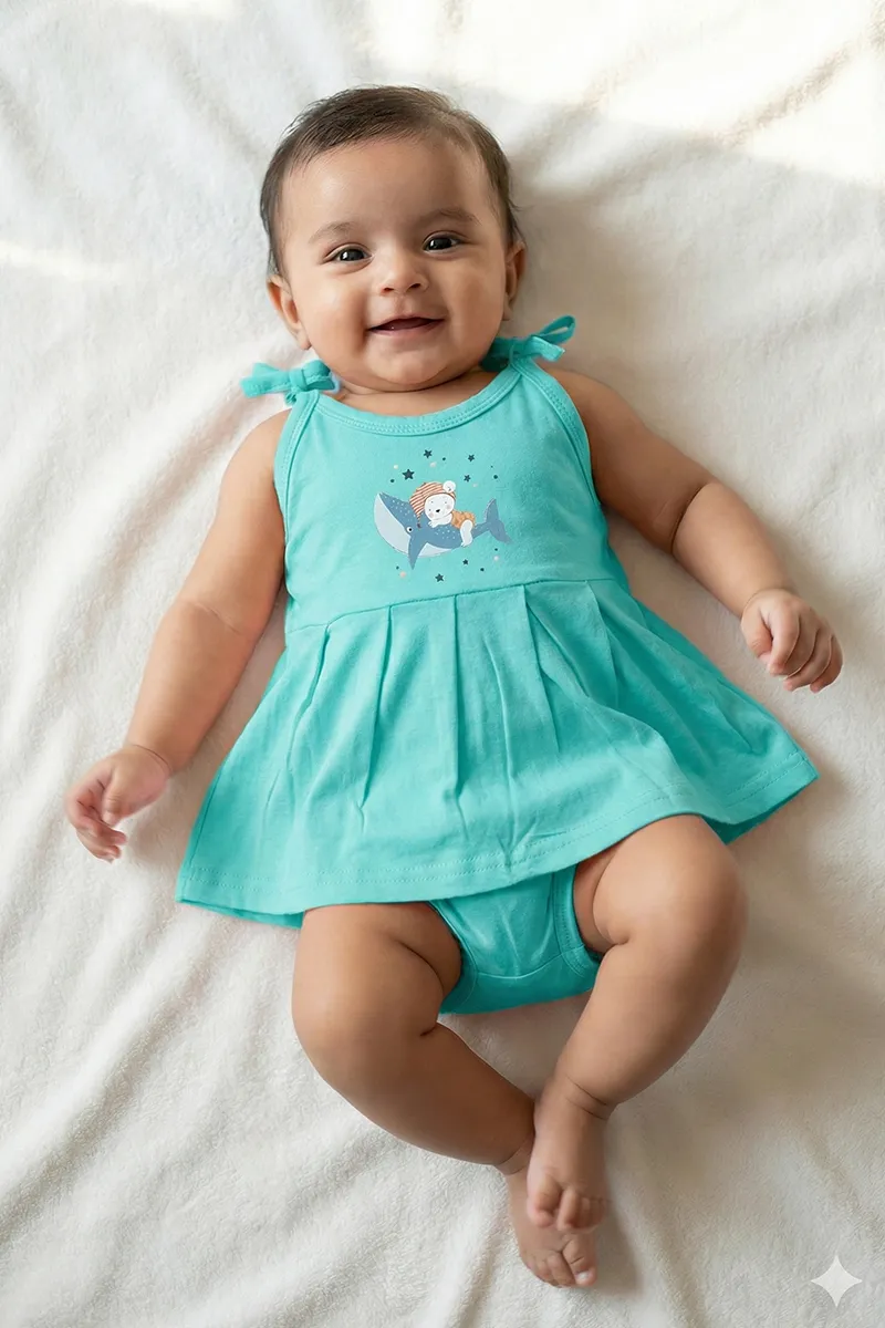 Cotton Solid Frock and Panty Set for Baby Girl - Green