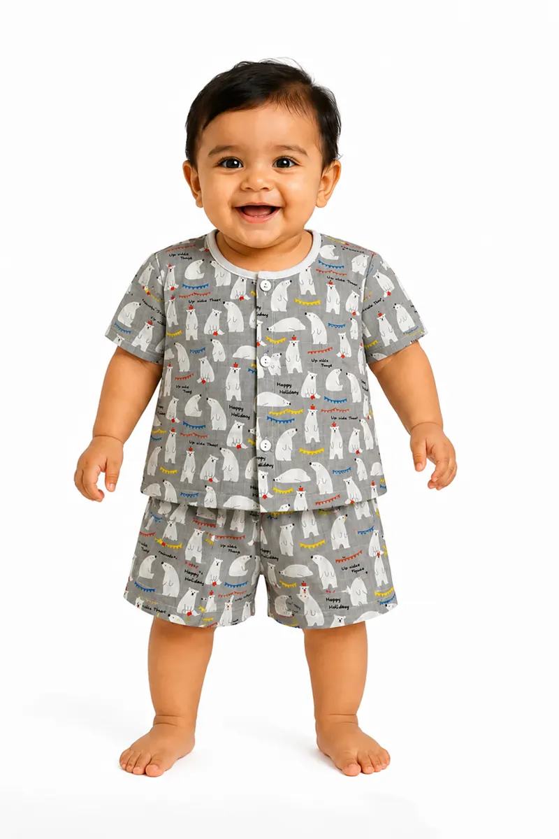 Muslin Cotton Printed Shirt and Shorts Set for Babies - Grey