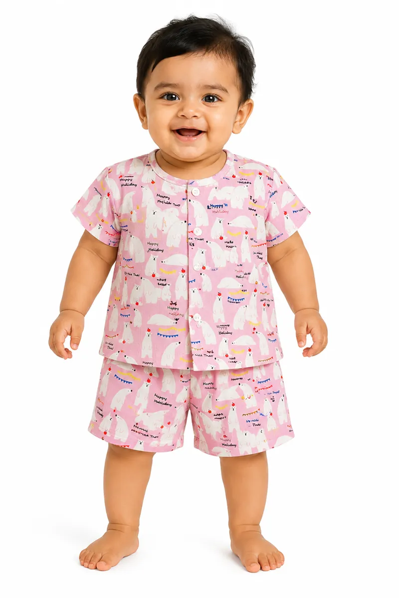 Muslin Cotton Printed Shirt and Shorts Set for Babies - Pink