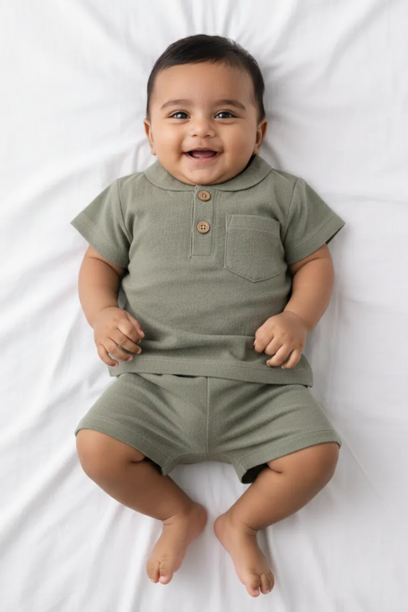 Cotton Solid T-Shirt with Shorts Set for Babies - Olive CLJBCL0024OLI1218M