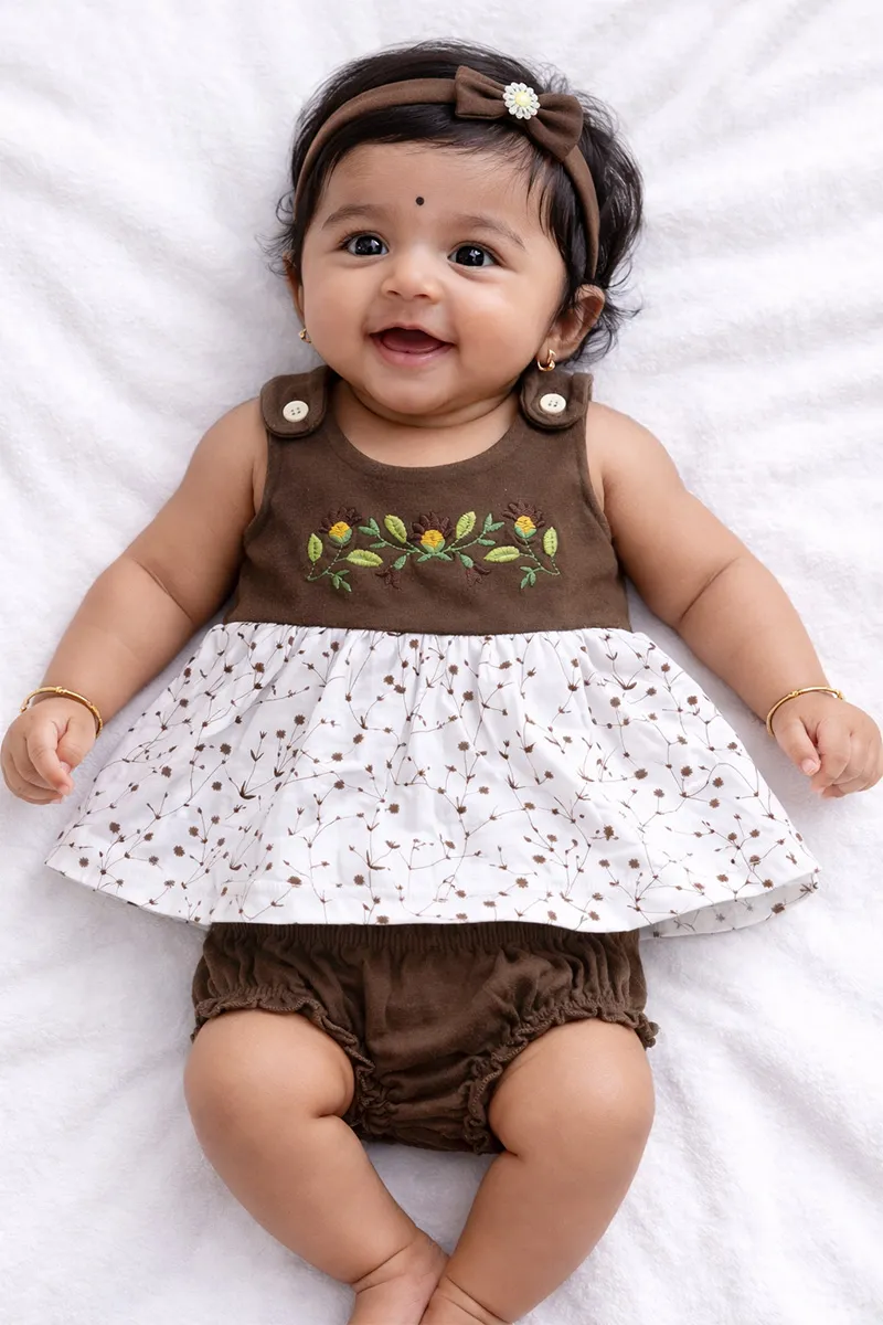 Cotton Printed Frock with Panty Set for Baby Girl - Brown CLJBCL0080BRO03M