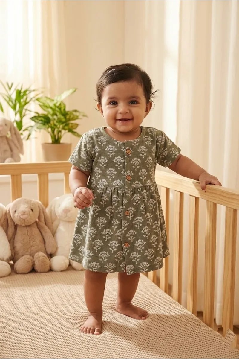 Cotton Printed Frock for Baby Girl - Olive CLJBCL0091OLI1218