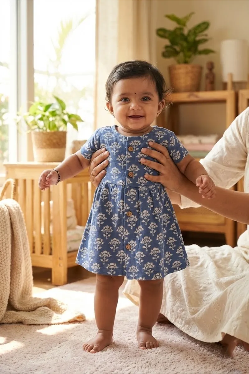 Cotton Printed Frock for Baby Girl - Blue