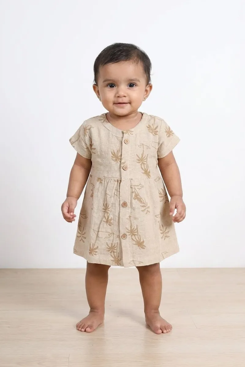 Cotton Printed Frock for Baby Girl - Beige