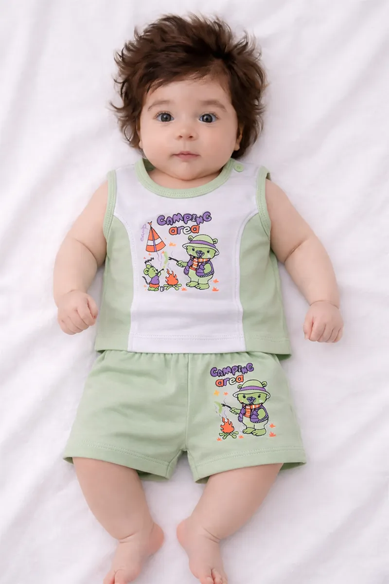 Printed Top and Shorts Set for Babies - Pista Green CLJBCS00217PIS03M