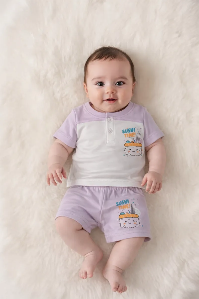 Printed T-Shirt and Shorts for Babies - Lavender CLJBCS00254LAV36M