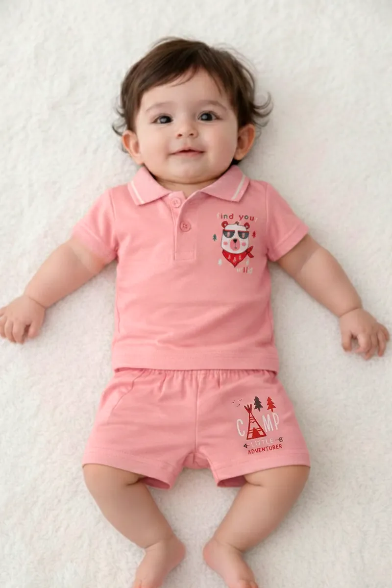 Printed T-Shirt and Shorts for Babies - Peach CLJBCS00277PEA612M