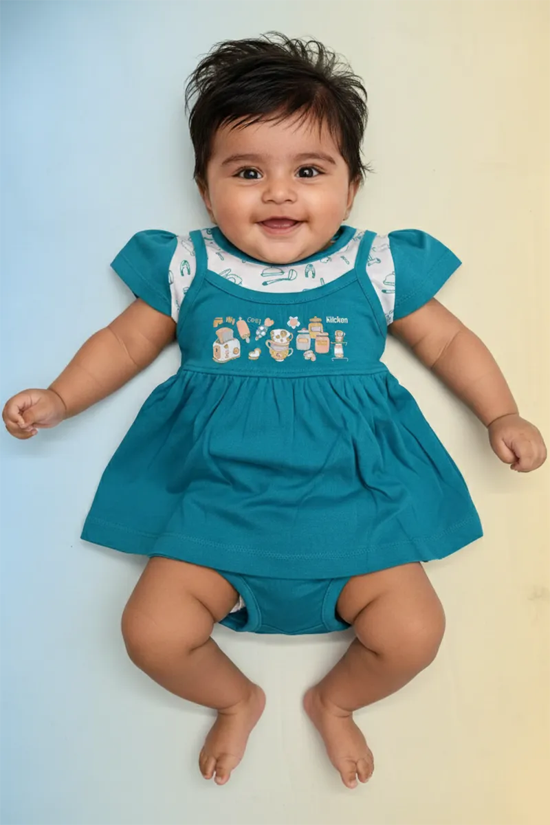 Cotton Frock with Panty Set for Baby Girl - Teal