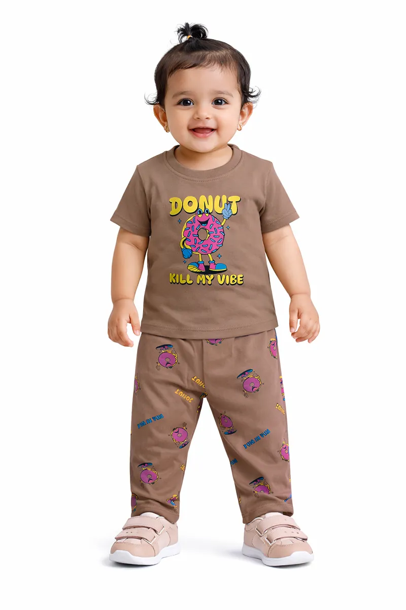 Cotton Printed T-Shirt and Pant Set for Baby Girl - Light Brown