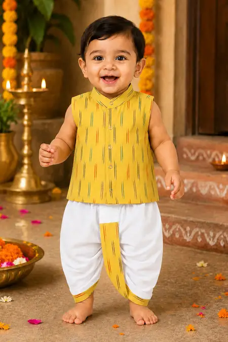 Ikat Cotton Shirt & Panchakacham Set for Baby Boys - Yellow