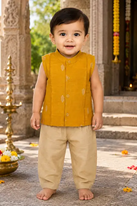 Raw Silk Shirt & Pant Set for Baby Boys - Mustard