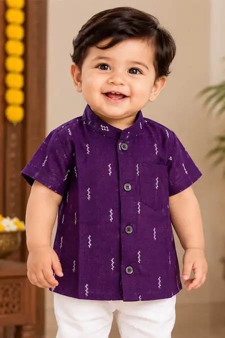 Raw Silk Self Designed Shirt for Baby Boys - Purple