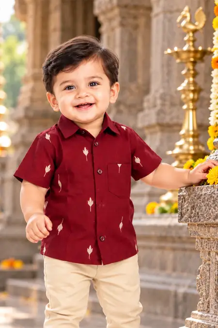 Raw Silk Self Designed Shirt for Baby Boys - Maroon