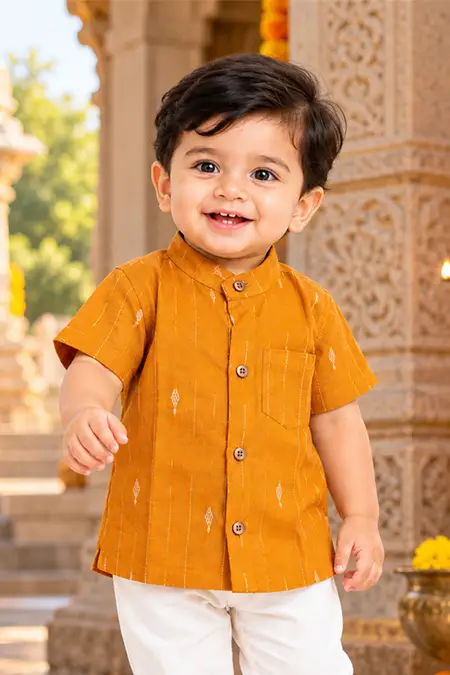 Raw Silk Self Designed Shirt for Baby Boys - Mustard