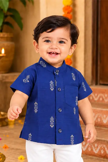 Raw Silk Self Designed Shirt for Baby Boys - Royal Blue